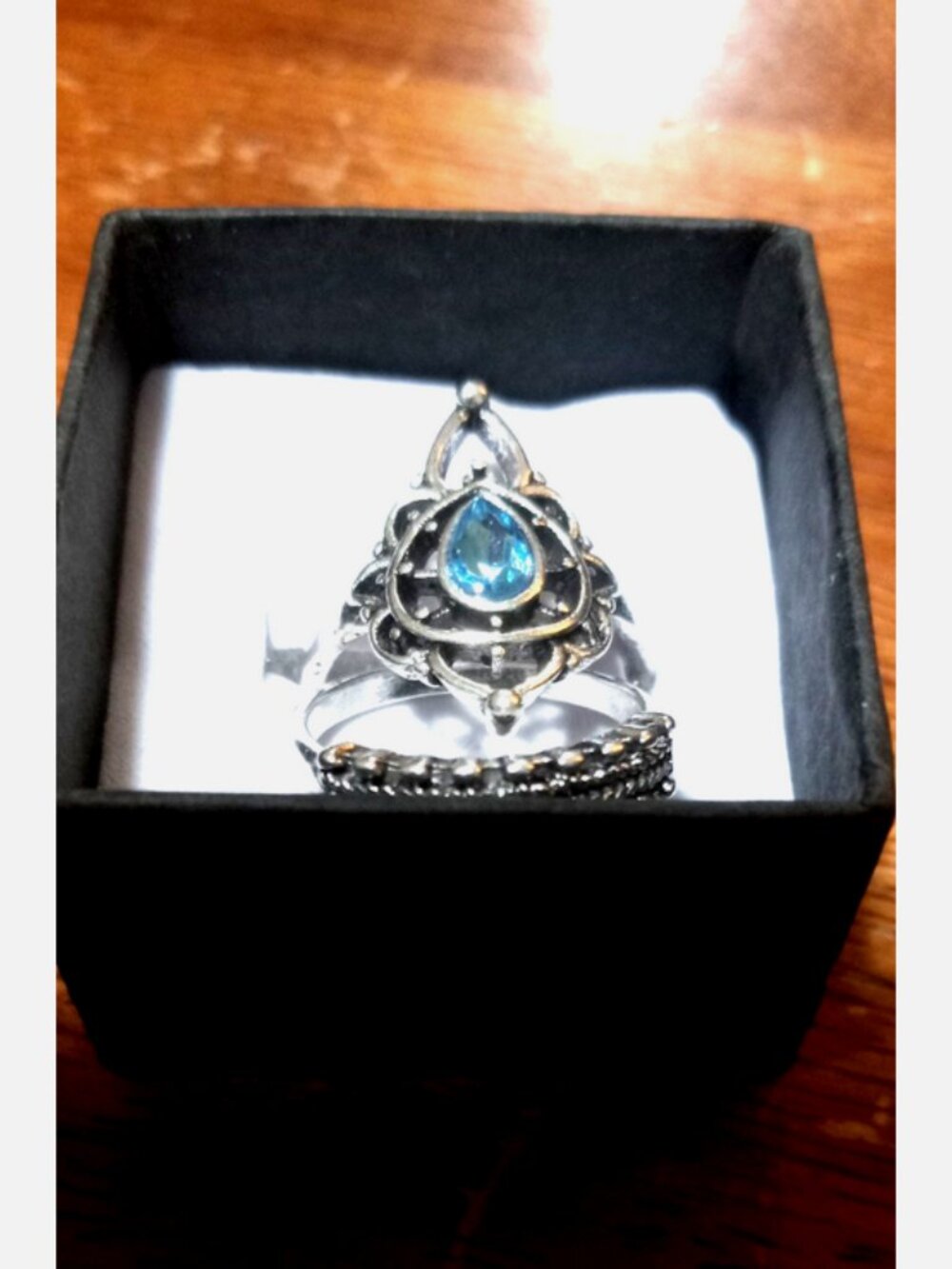bohemian style teardrop blue stone ring with matching band silver tone set 5.5